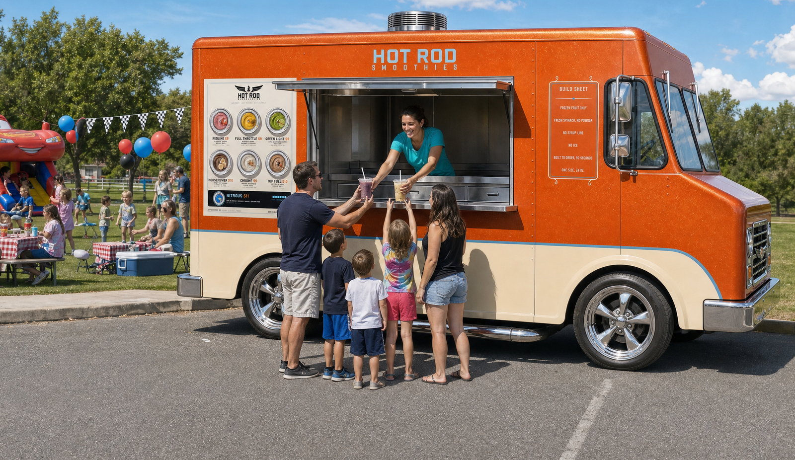 The Hot Rod Smoothies truck parked at a park birthday party under a blue sky, a server leaning out of the window handing smoothies down to a family, party tables and a bounce house on the grass behind